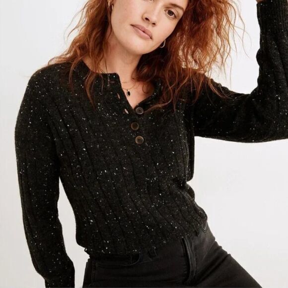 NEW Madewell Donegal dowden Henley Sweater in Coziest Yarn, black, plus size 3X - Picture 1 of 16